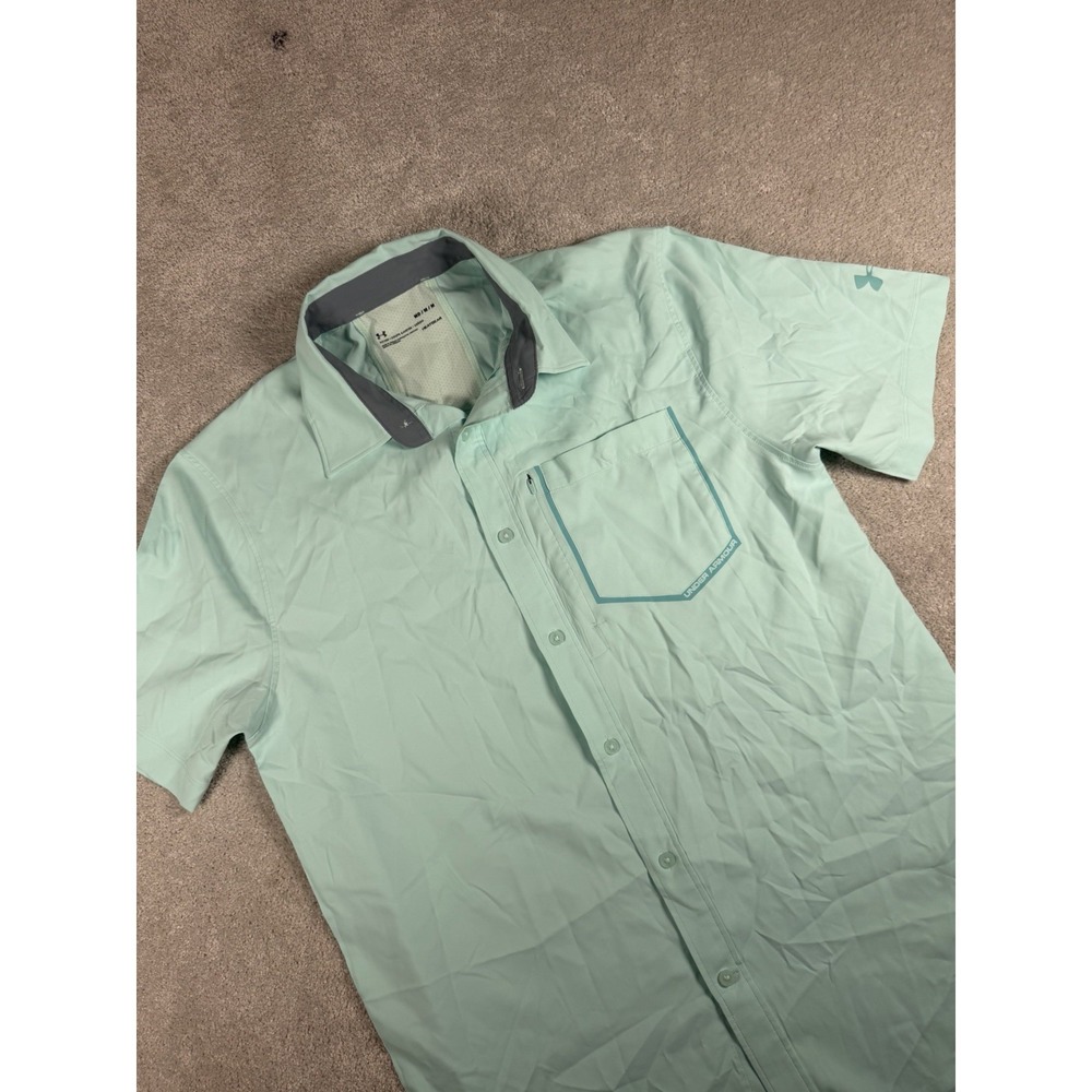 Under Armour Button Up Shirt Men Medium Teal‎ Green HeatGear Short Sleeve Fitted